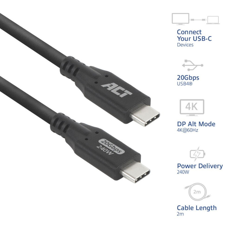 ACT  USB4 Kabel  20Gbps  240W  USBC naar USBC  2m  Zwart