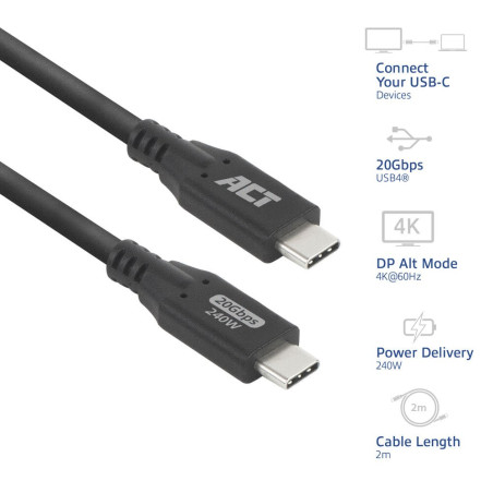 ACT USB4 Kabel 20Gbps 240W USBC naar USBC 2m Zwart
