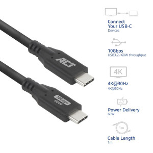 ACT USB 30 Kabel 10Gbps 60W USBC naar USBC 1m Zwart