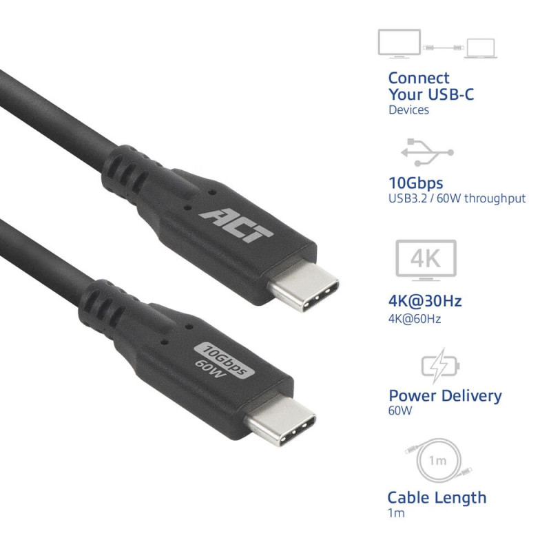 ACT  USB 30 Kabel  10Gbps  60W  USBC naar USBC  1m  Zwart