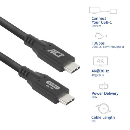 ACT USB 30 Kabel 10Gbps 60W USBC naar USBC 1m Zwart