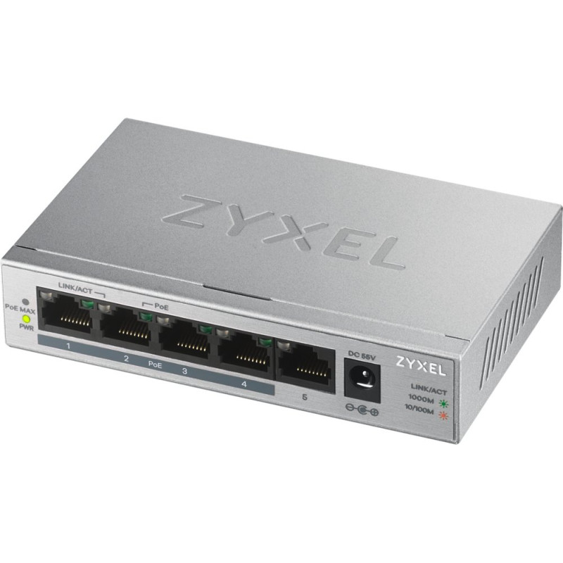 Zyxel GS1005HP  Unmanaged Switch  5 Poorten  Gigabit Ethernet  PoE  Zilver