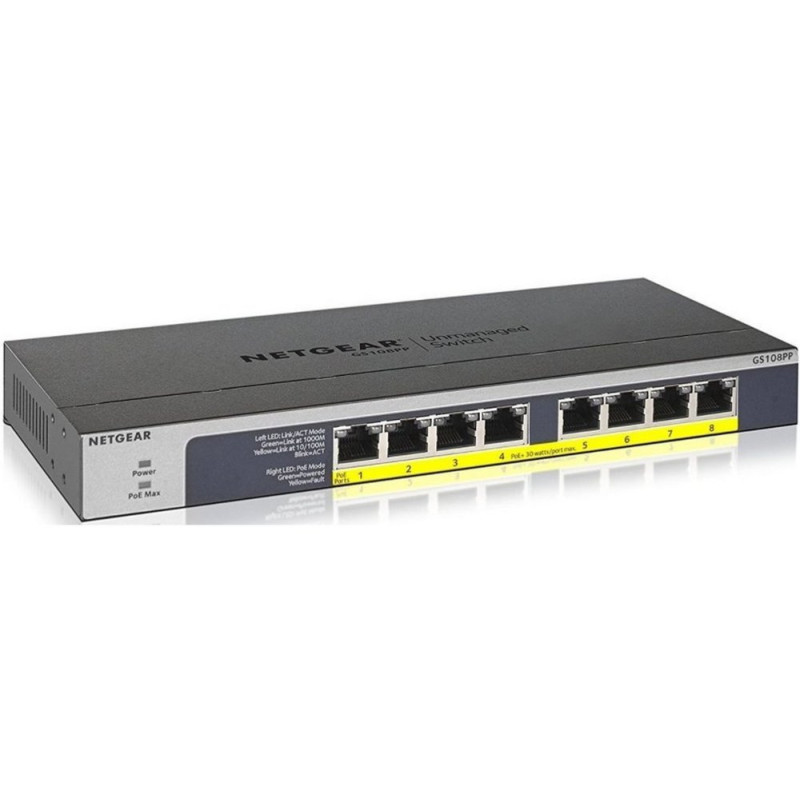 NETGEAR GS108PP  Unmanaged  Gigabit Ethernet (10/100/1000 Mbps)  Power over Ethernet (PoE)