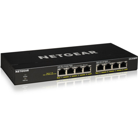 Netgear GS308PP-100EUS Unmanaged Switch 8 Poorten Gigabit Ethernet (10/100/1000 Mbps) PoE (83W) FlexPoE Zwart