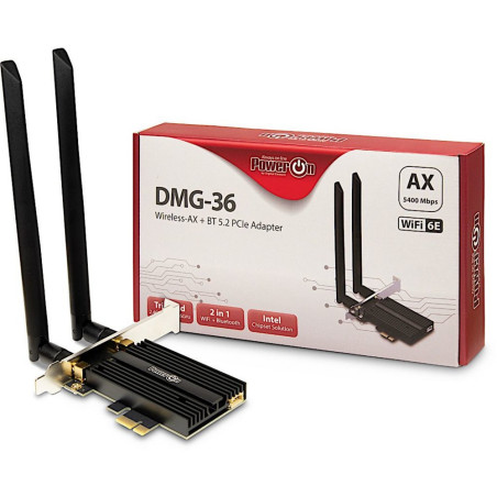 Inter-Tech DMG-36 Interne Adapter  WLAN 802.11 a/b/g/n/ac/ax (Wi-Fi 6E)  Tot 5400 Mbit/s  Bluetooth 5.2
